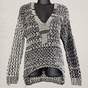 Black and White Open Knit V-Neck Sweater